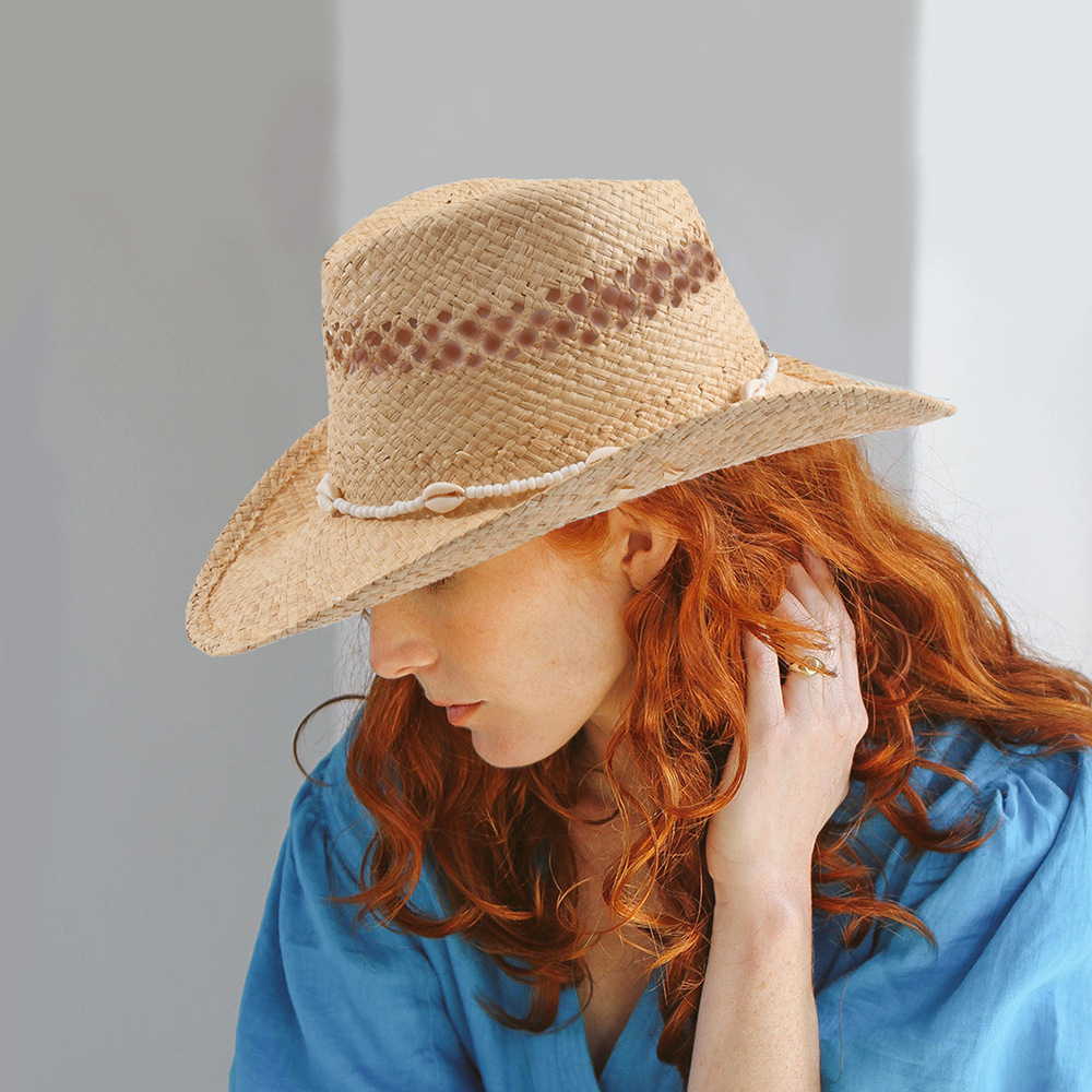 Cowboy Hat Straw - 2026 Neuer Muschelketten-Strohhut, handgewebter Raffia-Cowboyhut, Strand-Sonnenhut