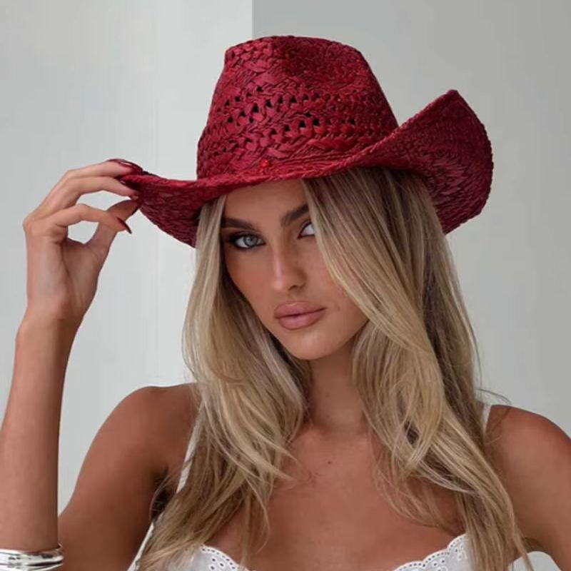 Cowboy Hat Straw - Cowboyhut rot handbemalt Sommer Strohhut Männer